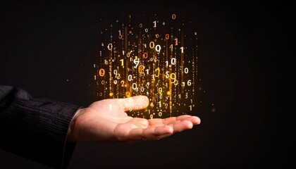 A composition with numerous numbers and data lines pouring like light onto a hand on a dark background
