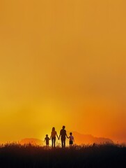 minimalist silhouette family of different ethnicities holding hands against a gradient sunset .