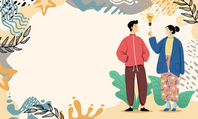 Young couple discussing idea with bulb symbol