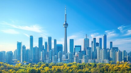 Vibrant city skyline featuring modern skyscrapers under a clear blue sky with a prominent tower.
