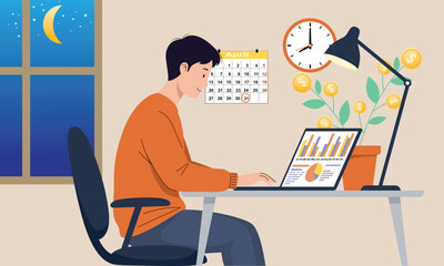 Man working late with chart and calendar