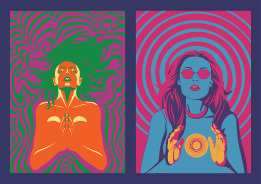 1960s Style Psychedelic Posters, Sexy Beautiess with Long Hair, Psychedelic Color Backgrounds