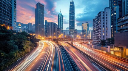 Vibrant cityscape at dusk showcasing modern skyscrapers, bustling traffic, and illuminated pathways.