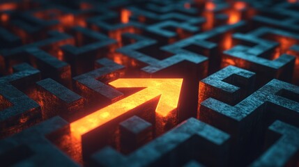 A glowing orange arrow emerges from a dark maze of interconnected blocks