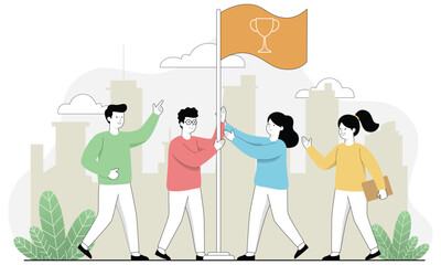 Team raising trophy flag in city background