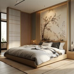 Serene bedroom with minimalist Japanese design, featuring a large bed, shoji screen, and calming artwork