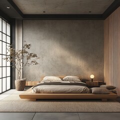 Minimalist bedroom with platform bed, exposed concrete wall, natural light, and Japanese-inspired decor