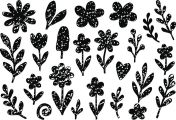 Hand drawn black floral and leaf doodle set with chalk texture, grunge sketch flower and botanical elements collection