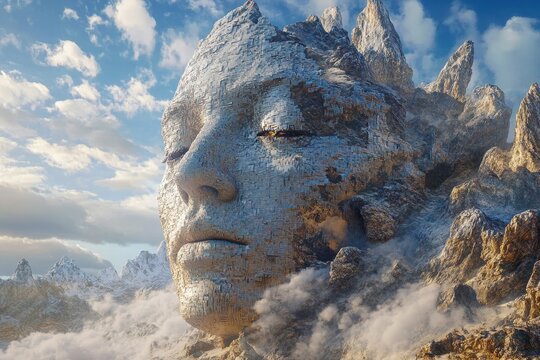 pixelated mountain range forming into giant human face digital textures and light bloom