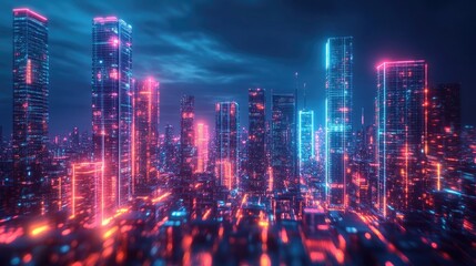 Vibrant digital cityscape with illuminated skyscrapers and glowing grids, showcasing technology.