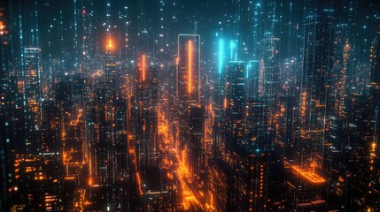 Vibrant digital cityscape with illuminated skyscrapers and glowing grids, showcasing technology.
