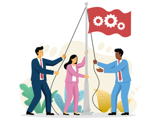 Business team raising gear flag together  
