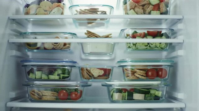 A refrigerator's interior shelves display numerous clear glass containers filled with various prepped foods; vegetables, crackers, and bread items are visible, suggesting meal preparation or leftovers