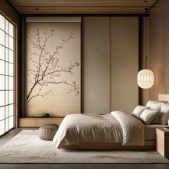 Serene minimalist bedroom with shoji screen,  wooden floors, and a delicate floral print