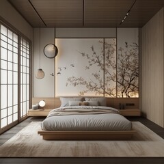 Serene minimalist bedroom with Japanese-inspired design featuring a platform bed, wood paneling, and a nature-themed wall mural