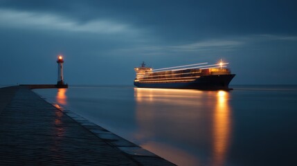 A cargo ship illuminated by lights docked near a lighthouse, creating a serene twilight scene on the water.