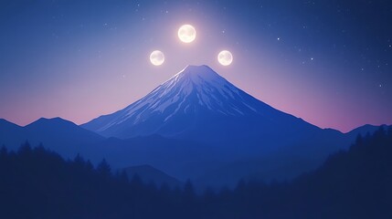 Mountain under triple moons at night