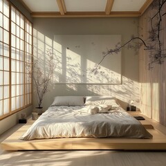 Sunlit minimalist bedroom with wooden platform bed, shoji screens, and muted earth tones