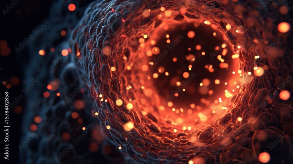 Poster a close-up of a vibrant microscopic view showcasing the intricate details of a cell with glowing par