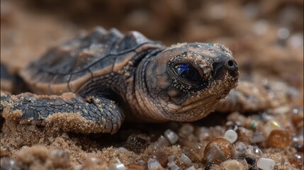 Obraz premium A close-up of a baby sea turtle emerging from sandy beach, ready for its first journey to the ocean.