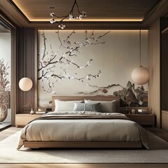 Serene bedroom with minimalist Asian-inspired design featuring a large mural of blossoming branches and mountains, wooden flooring, and subtle lighting