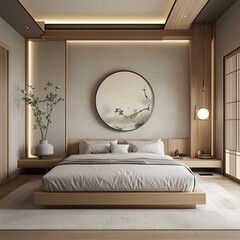 Serene minimalist bedroom with wooden platform bed, circular artwork, and subtle lighting