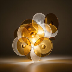 An abstract and modern sculpture or lamp made of glowing golden discs.