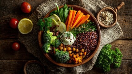 A colorful bowl of fresh vegetables, legumes, and grains, perfect for healthy meals or plant-based cuisine.
