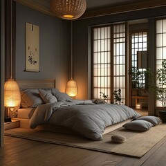 Serene bedroom with minimalist Japanese design, featuring a low platform bed, shoji screens, and warm lighting