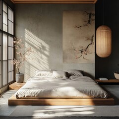 Sunlit minimalist bedroom with platform bed, artwork, and plant