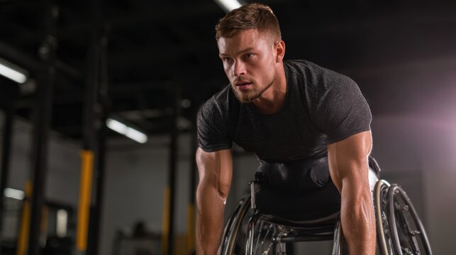 A determined athlete in a wheelchair, showcasing strength and perseverance in a dynamic training environment.
