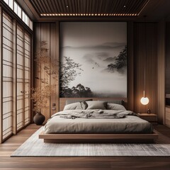 Serene minimalist bedroom with wooden floors, a low platform bed, and a large landscape painting as a focal point