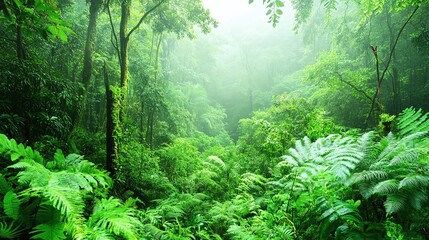 Fototapeta premium Dense Rainforest Canopy With Sunlight And Mist