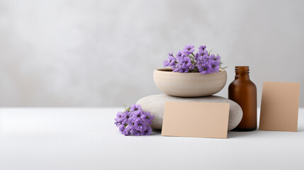 Natural aromatherapy spa setup with lavender flowers and organic skincare essentials