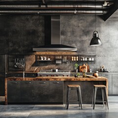 Industrial-chic kitchen with dark tones, exposed pipes, wood countertops, and metal cabinetry