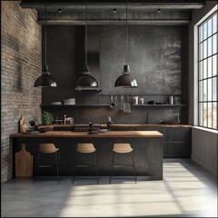 Dark industrial kitchen with exposed brick, metal accents, and wooden countertop