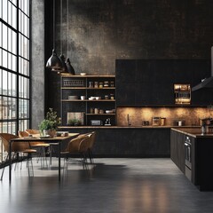 Dark industrial kitchen design with large windows, wooden dining table, and metal chairs