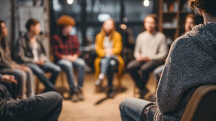 Fototapeta premium A group of diverse individuals engaged in a supportive discussion during a counseling session.