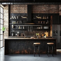 Dark industrial kitchen with exposed brick, metal shelving, and island