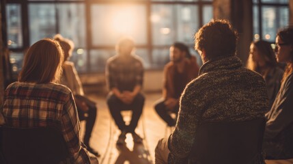 A group of individuals in a supportive circle, fostering connections and sharing experiences in a warm environment.