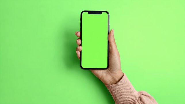 A hand holding a smartphone with a blank green screen against a vibrant green background for digital content.