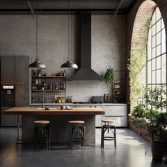 Industrial-chic kitchen with exposed brick, high ceilings, large window, wooden island, metal stools, and potted plants