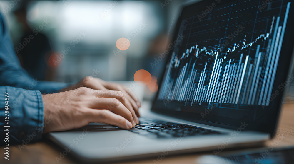 Poster businessman using laptop computer analyzing sales data, financial growth graph chart report. data an