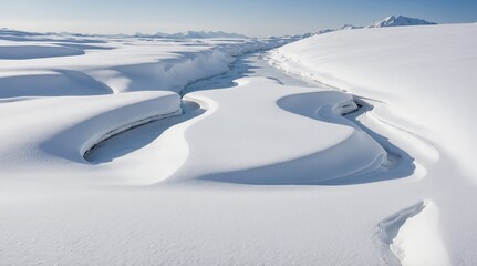 Obraz premium Shallow Stream Carving Through Flat Snowfield in a Cold Winter Landscape