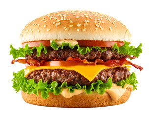 Double Layer Tasty Cheeseburger with Dripping Sauce and Crispy Bacon, Angled Side View, Transparent Background