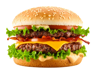 Double Layer Tasty Cheeseburger with Dripping Sauce and Crispy Bacon, Angled Side View, Transparent Background