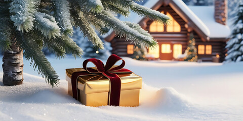 Golden Christmas Gift Under Snowy Pine Tree

