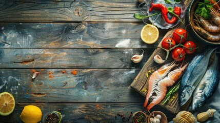 Culinary Delights: Fresh Seafood and Vibrant Produce on Rustic Wood Texture