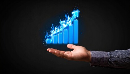 A rising chart in the shape of a blue flame rising above a man's hand on a dark background