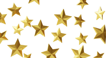 Ultra-realistic UHD high-angle shot of scattered metallic gold three-dimensional stars and fine sparkling particles gracefully floating on a clean white background with soft bokeh, no shadows, high